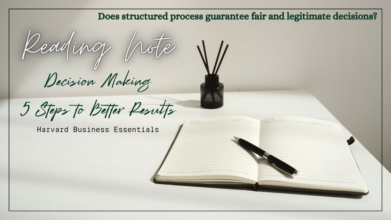 Header image for the Reading Note of the book "Decision Making" by Harvard Business Essentials, illustrating a structured study environment with an open notebook to introduce the book analysis.